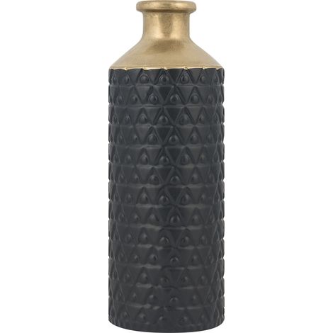 Florero decorativo patrón geométrico gres negra con dorado Arsin