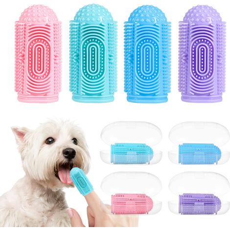 Cepillo de dientes para perros, juego de cepillos de dientes para perros, cepillo de dientes de dedo para la limpieza y el cuidado dental de los perros (juego de 8 piezas, azul, verde, rosa, morado)