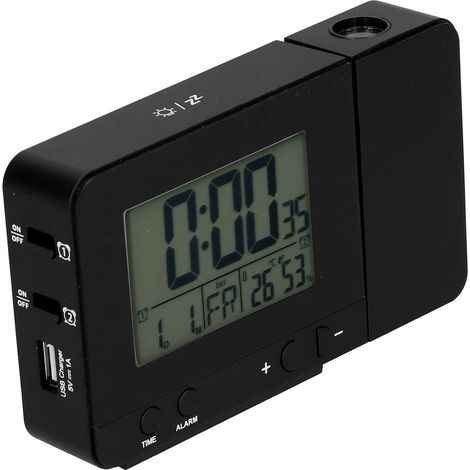 Réveil à projection noir avec écran LCD heure/température et chargement USB pour la maison
