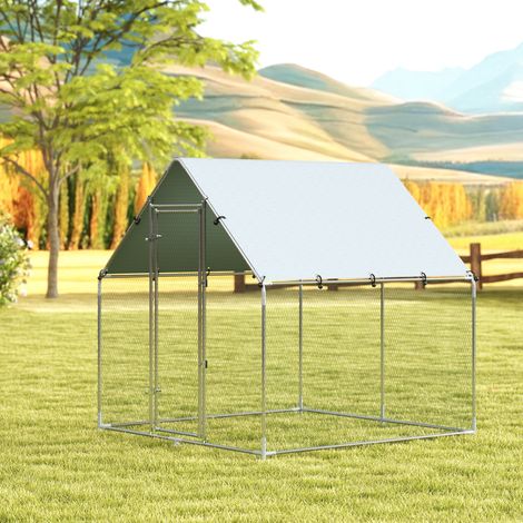 Enclos poulailler extĂ©rieur 4 mÂČ, parc grillagĂ© - acier galvanisĂ© Ă19mm - bĂąche Oxford 420D anti-UV 200x200x200cm argent (1/5)
