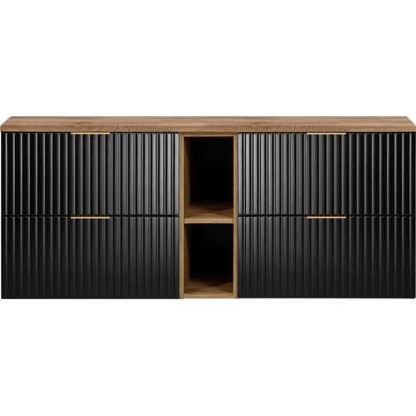 Furnidea - Meuble sous vasque FLOW NOIR 140 cm avec l'étagère - extension et plan chêne - 2 tiroirs - façades rainurées (1/5)