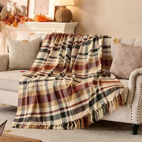 Plaid Marron en Canapé, Douillet Couverture à Carreaux de Automne, Acrylique Polaire Jeté à Franges, Douce Couvertures d'automne, Couvre Lit Décoration Intérieur Maison, 130x150 cm (1/5)