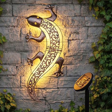 Solar Wandbild Gecko in bronze mit 10 LED - 69 x 36 cm - Metall Wanddeko für Außen warm weiß beleuchtet - Garten Deko