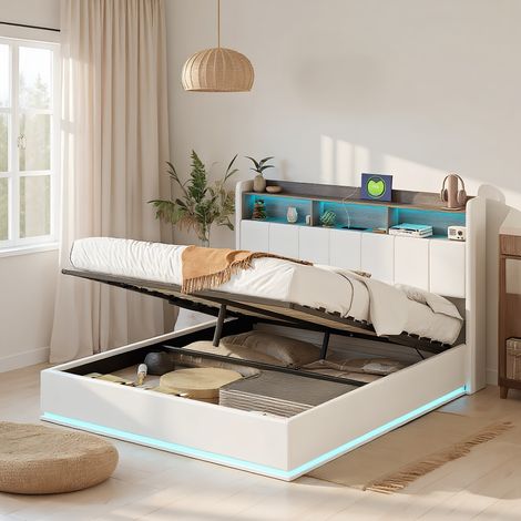 Lit coffre 160 x 200 cm, lit 160x200 avec sommier, lit double, cadre de lit, avec LED et port USB, Blanc, velours