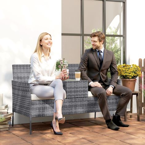Banc de jardin en résine tressée avec table et coussins et terrasse noir pour balcon 2 places 135 x 64 x 81 cm conception robuste