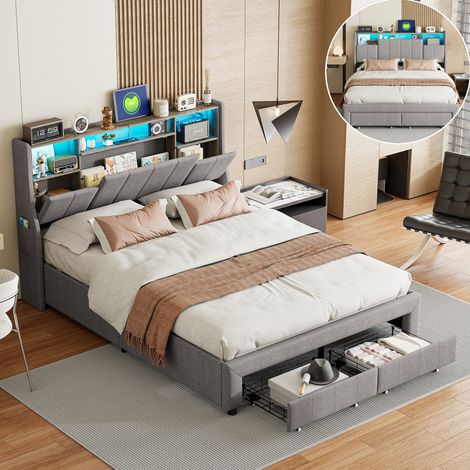 Cama 140x200 con cajones, cama matrimoniales, cama tapizada, bolsillos laterales, espacio de almacenamiento en la cabecera, tira de luz LED, puerto de carga USB, lino, gris (1/5)
