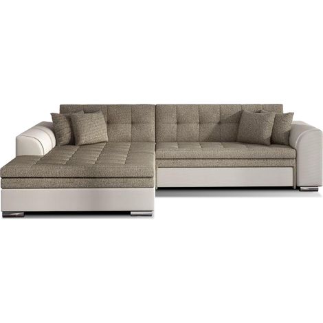 Canapé d'angle convertible tissu et simili LOOKA - Pieds métal chromé-Beige clair/Beige chiné-angle gauche (1/5)