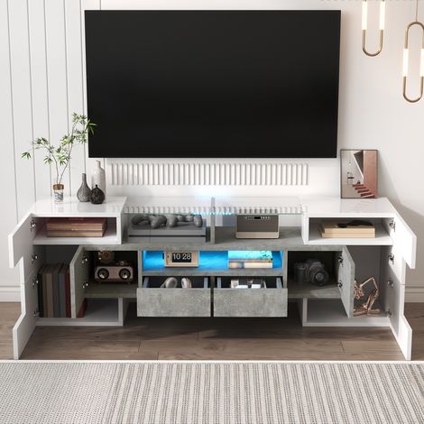Mobile TV, lucido, 145x30x51cm, illuminazione LED, 2 cassetti, spazio di archiviazione multiplo, dimensioni massime dello schermo 50-59 pollici, bianco + grigio (1/5)