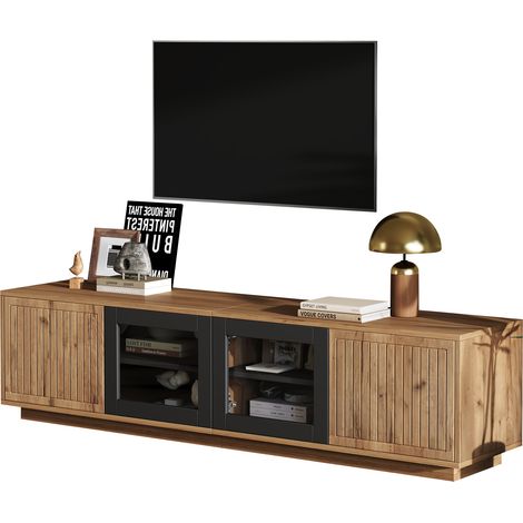 Mobile TV 180x40x45cm, per TV Fino a 75 Pollici, Striscia Luminosa LED, 6 Ante, Vetro, Naturale + Nero (1/5)