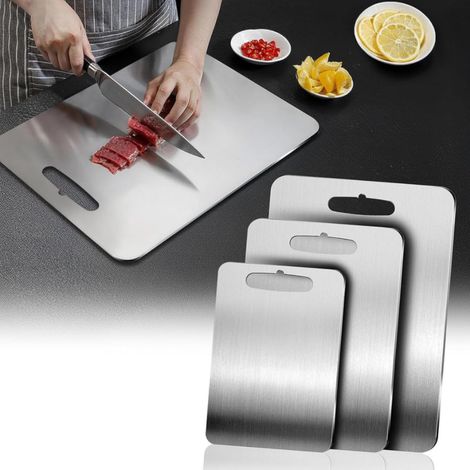 Juego de 3 tablas de cortar de acero inoxidable aptas para uso alimentario: higiénicas y antibacterianas, de 0,7 mm de grosor, para uso en la cocina.