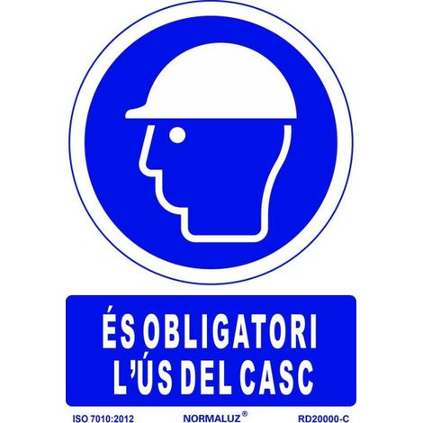 Señal de obligación en Catalán "És Obligatori L´Ús Del Casc" SEKURECO