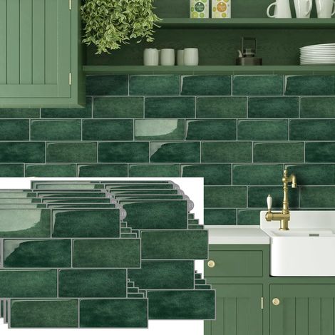 Lot de 10 panneaux muraux 3D imperméables, autocollants pour crédence de cuisine, 29,36 x 21,3 cm (vert foncé) (1/5)