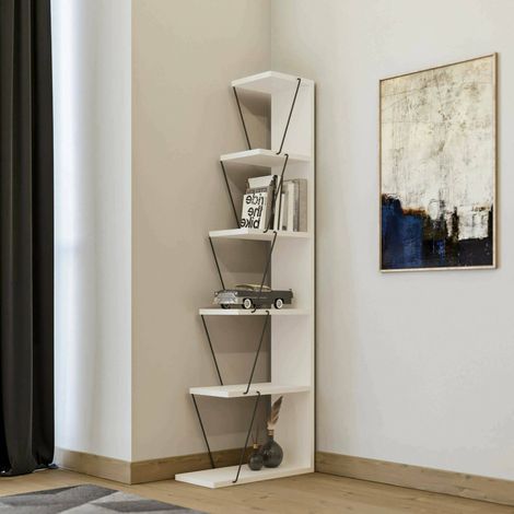 Dmora - Bücherregal Mizar, Büroregal, Mobiler Buchhalter, Bücherbrett, 50x22h150 cm, Weiß und Schwarz, mit verstärkter Verpackung (1/4)