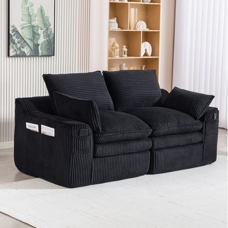 Canapé 2-Sitzer Cord Schwarz 191x94x85 cm mit Seitentaschen, Kissen und Federkern (1/5)