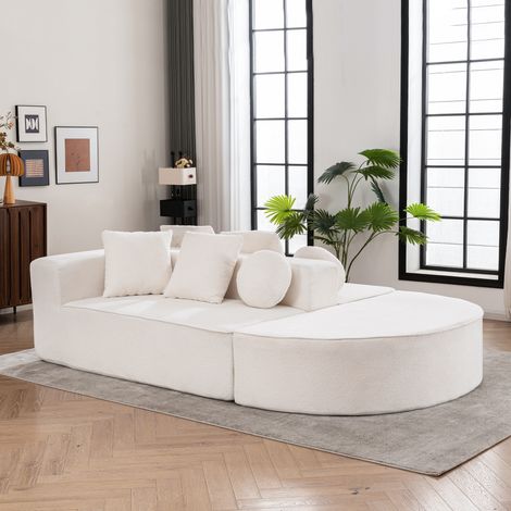 Divano a 5 posti, divano reclinabile dritto - design modulare, struttura interamente in schiuma, con 6 cuscini, tessuto ciniglia, bianco (1/5)