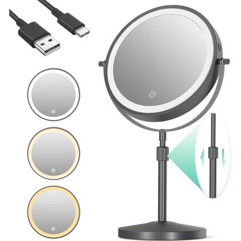 Miroir grossissant éclairé x10, miroir de maquillage éclairé à hauteur réglable, miroir de table rond rotatif à 360° avec éclairage, 3 couleurs de lumière, noir (1/5)