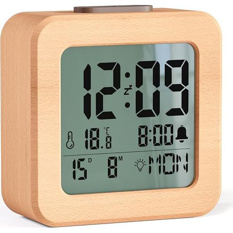Digitaler Wecker aus Holz, batteriebetrieben mit LCD-Bildschirm, automatischer Helligkeitsanpassung, Schlummerfunktion, Temperaturanzeige, Datumsanzeige, Wochentagsanzeige, 12/24-Stunden-Anzeige (3 AA (1/5)