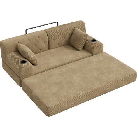 2-Sitzer Schlafsofa aus Cord mit hoher Rückenlehne, 4 Taschen und 2 Getränkehaltern, Khaki (1/5)