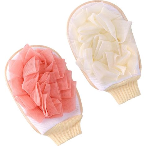 Lot de 2 gants exfoliants pour homme et femme - Éponge de bain nettoyante en profondeur (blanc laiteux, rose) (1/5)