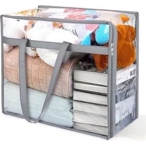 Sac de rangement transparent - 40 litres - Pliable - Avec poignée - Idéal pour déménager et ranger vêtements, couvertures et jouets - Noir (1/5)