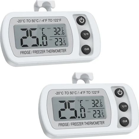 Lot de 2 mini thermomètres réfrigérateur/congélateur étanches IPX3 - écran LCD, enregistrement Max/Min (1/4)