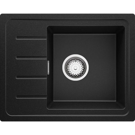PRIMAGRAN Evier Cuisine en Granit 55x44cm, Lavabo 1 bac + Kit de Vidage, Évier à Encastrer au meuble 45cm - Copenhague Easy, Noir