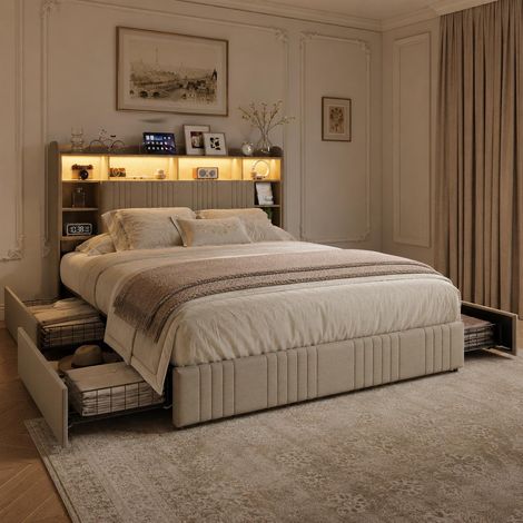 Lit double 160x200 cm, lit adult avec LED RGB et 4 tiroirs, Tête de Lit Capitonné avec Rangement, tissu lin moderne, Beige (1/5)