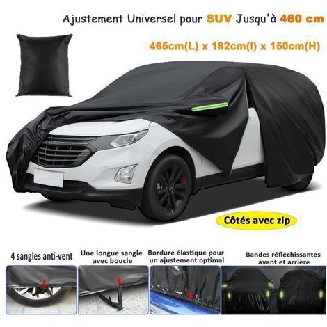 Bâche Voiture Exterieur pour SUV Jusqu'à 460cm, Imperméable et Respirante,Côtés avec zip,Doublure en Coton,Anti UV Neige Poussière
