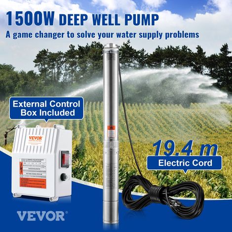 Pompe Immergée pour Puits Profond, 1500 W, Pompe à Eau en Acier Inox, Débit 9,8 m³/h, 108 m, avec Cordon Électrique 19,4 m, Boîtier de Commande Externe, IP68 pour Maison, Irrigation Industrielle (1/5)