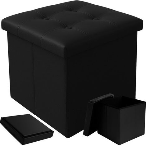 Pouf cube de rangement, 38 cm, noir, similicuir, pliable, résistant à l'eau, noir pour salon (1/5)