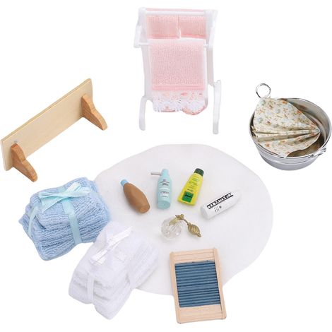 Accessoires salle de bain miniature 1/12 pour maison de poupée, ensemble décoratif réaliste en bois et tissu avec étagère (1/5)