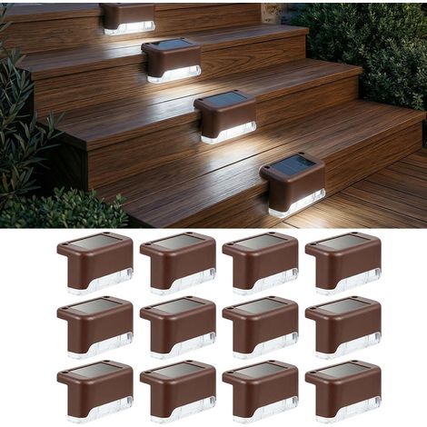 Lot de 12 lampes solaires extérieures LED étanches IP65 pour escalier marche clôture cour terrasse lumière blanche corps couleur marron (1/5)