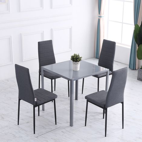 Lot de 4 chaises de salle à manger chaises de cuisine avec dossier haut pieds en métal et tissu en lin 41x50x97cm gris (1/5)