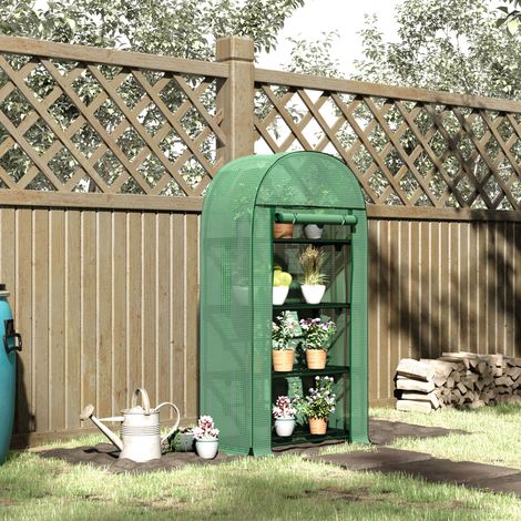 Outsunny Gartengewächshaus mit 4 Metallregalen, Rolltür und PE-Abdeckung, Heim- und Terrassengewächshaus für Pflanzen, Blumen und Töpfe, 80 x 49 x 160 cm, Grün