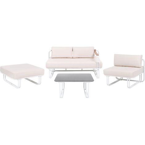 Garden Sofa Set White Steel Light Beige Cushions 3 Seater Outdoor Conversation Set Modern Design CAMEROTA (1/5)