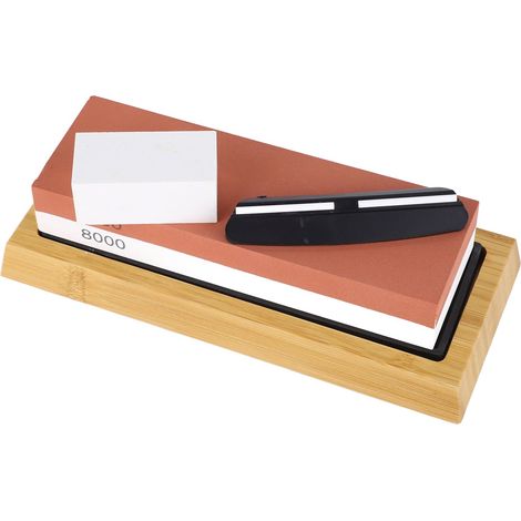 Pierre à aiguiser pour couteaux, grain 3000/8000, rouge et blanche, double face, base en bois, pour la cuisine, la maison et le restaurant. (1/5)