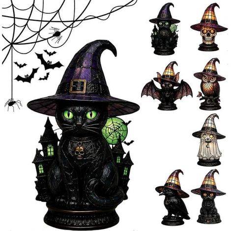 Lampe de table chapeau de sorcière chat noir en vitrail pour Halloween, veilleuse gothique artisanale à lumière chaude, lampe décorative saisonnière pour chambre à coucher (15 cm) (1/5)