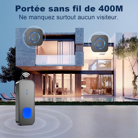 Wasserdichtes, kabelloses Türklingel-Set mit 300 m Reichweite, 2 Steckdosenempfängern, 55 Melodien, 5 Lautstärkestufen, blauer LED und großer Reichweite für den Innen- und Außenbereich (1/2)