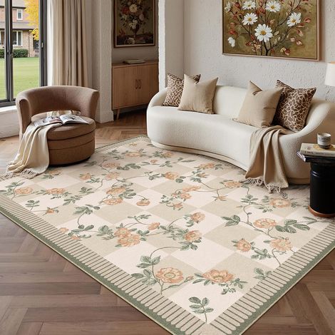 Tapis Salon 160x230cm Motif Floral Fleur À Carreaux Lavable Rugs for Living Room Doux Antidérapant Tapis Poils Courts Chambre Carpet Salle À Manger Bedroom Bureau, Beige (1/5)