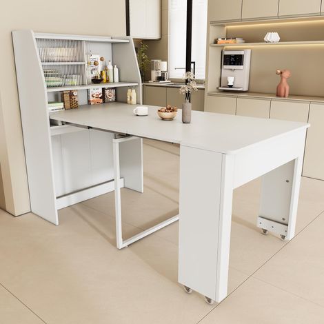 Ausziehbarer Esstisch, L52/132.5B80H76cm, Einweg-Ausziehtisch, Esszimmer-Stauschrank, Esstisch mit Stauraum, Rechteckiger Esstisch, Coffee Lounge Tisch, Platzsparender Multifunktions-Esstisch, Weiß (1/5)