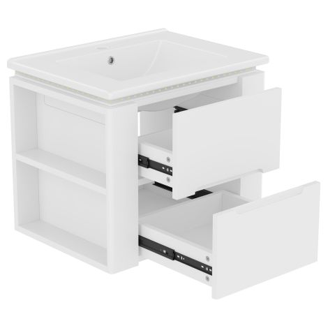 Meuble lavabo mural 61x46x48,5 cm blanc laqué LED radar 2 tiroirs (1/5)