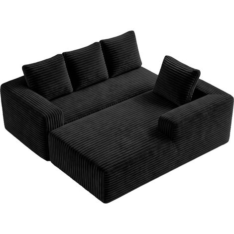 Canapé modulable en L 4 places en velours côtelé noir, assise profonde et méridienne gauche, 261 x 168 x 58 cm, sans montage (1/5)