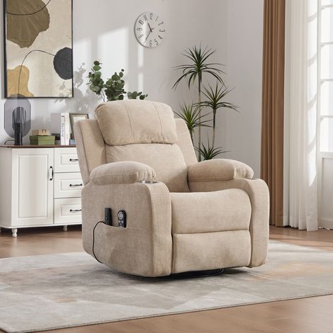 Fauteuil relaxant électrique pivotant 360° – Massage et chauffage intégrés – Dossier et repose-pieds réglables – Poches latérales et porte-gobelets – khaki