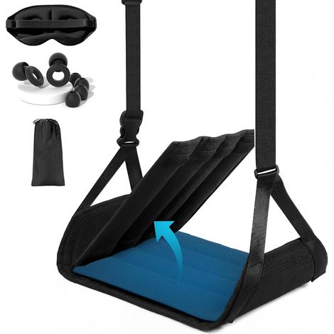 Hamac Repose-Pieds d’Avion Réglable avec Plaque de Support Amovible, Repose-Jambes Portable avec Sac, Masque de Sommeil (1/5)