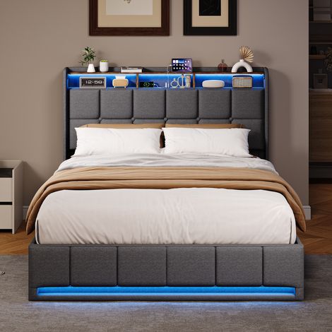 Polsterbett 140 x 200 cm mit Bettkasten, Stauraum-Kopfteil, LED und USB/Type-C, Leinen, Grau