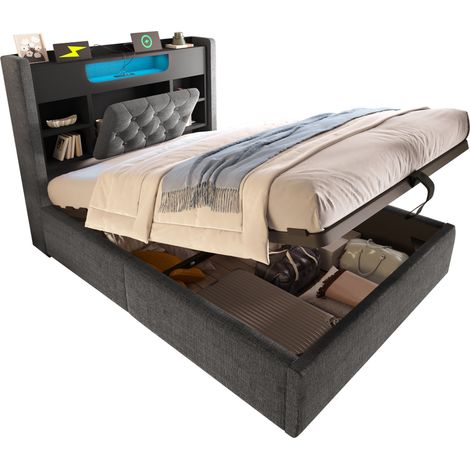 Cama capitoné 90 x 200 cm con arcón hidráulico, LED, USB/USB-C, gris (1/5)