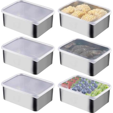 Juego de 6 cajas de almacenamiento de acero inoxidable con tapa, apilables y aptas para horno y congelador. (1/5)