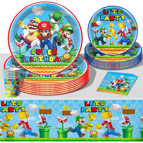 Décorations, assiettes, serviettes, nappes et ensembles de table sur le thème de Mario