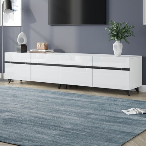 Meuble TV laqué brillant 180x40x49 cm, meuble bas salon avec 4 casiers et étagères ajustables, support téléviseur 80 pouces, 8 pieds, charge max 52 kg, rangement media moderne. (1/5)