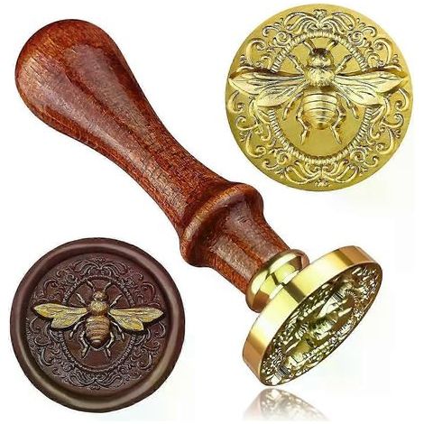 Tampon à cire abeille 3D avec manche en bois, motif insectes en relief, amovible, 1 tête en laiton, compatible avec les mariages. (1/5)
